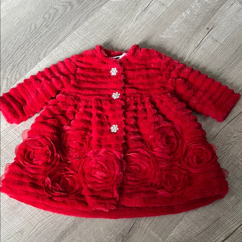 Blueberi Boulevard Red Baby Coat with Floral Accent - 12 Months